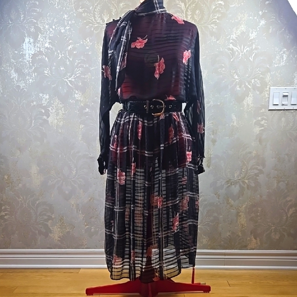 Vintage Sheer Floral Black and Pink Dress